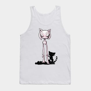 Cosmic Feline Encounter - Pink Alien and Black Cat Delight Tank Top